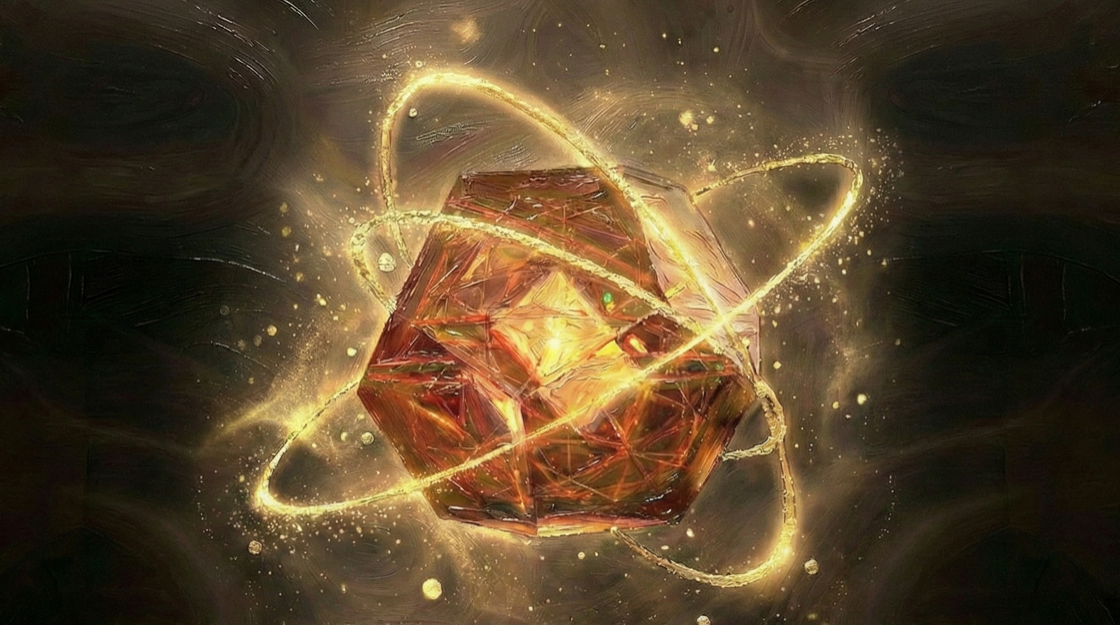 A glowing crystal with orbital lines in a smoky atmosphere